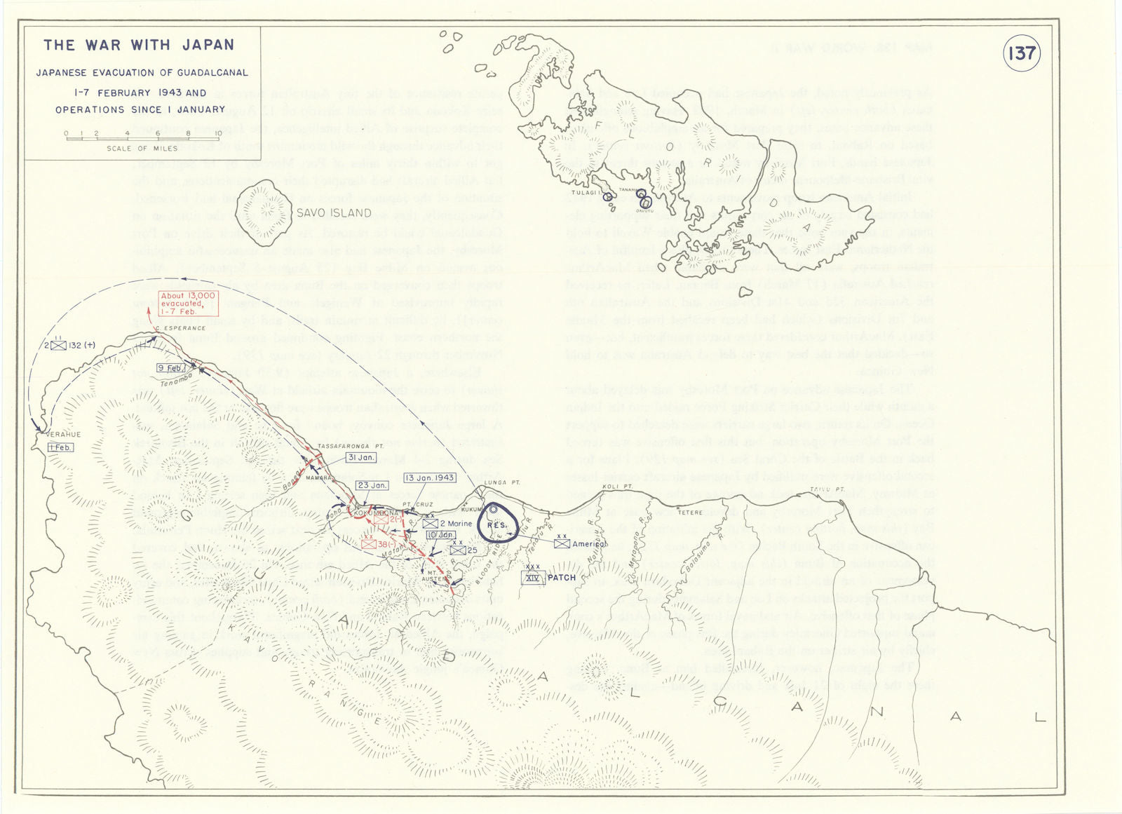 World War 2. Japanese Guadalcanal evacuation 1-7 Feb 1943. January Ops 1959 map